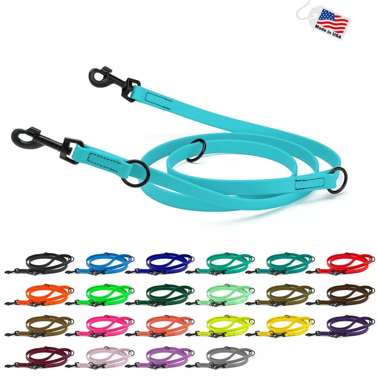 Biothane Adjustable Multi-Purpose Dog Leash with Black Hardware, 7FT