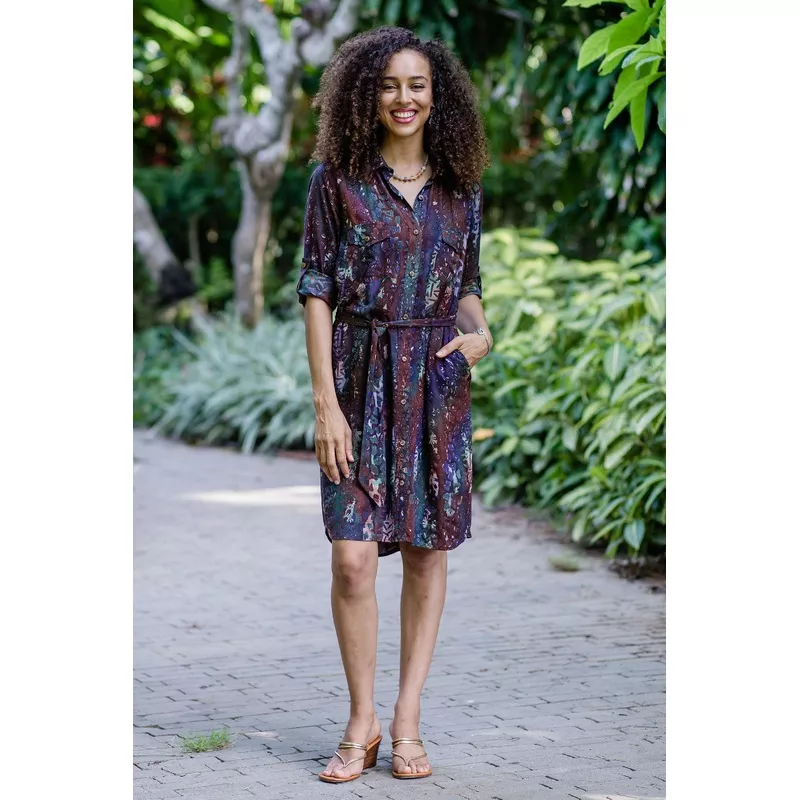 Chic Style Batik Rayon Collared Shirtdress from Bali
