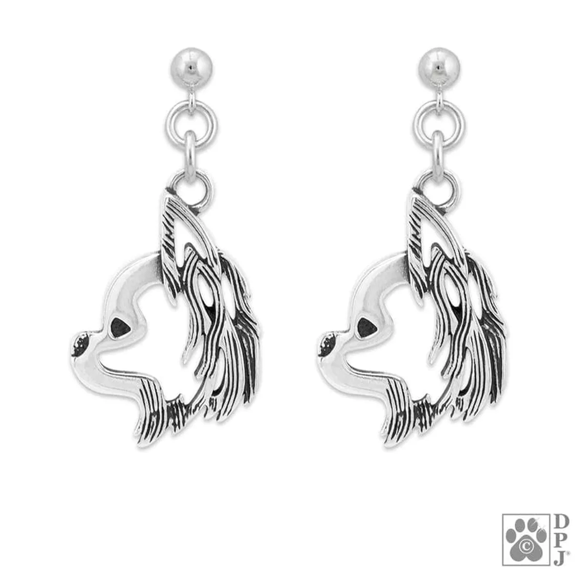 ChihuahuaLong Haired Sterling Silver Earrings, Head