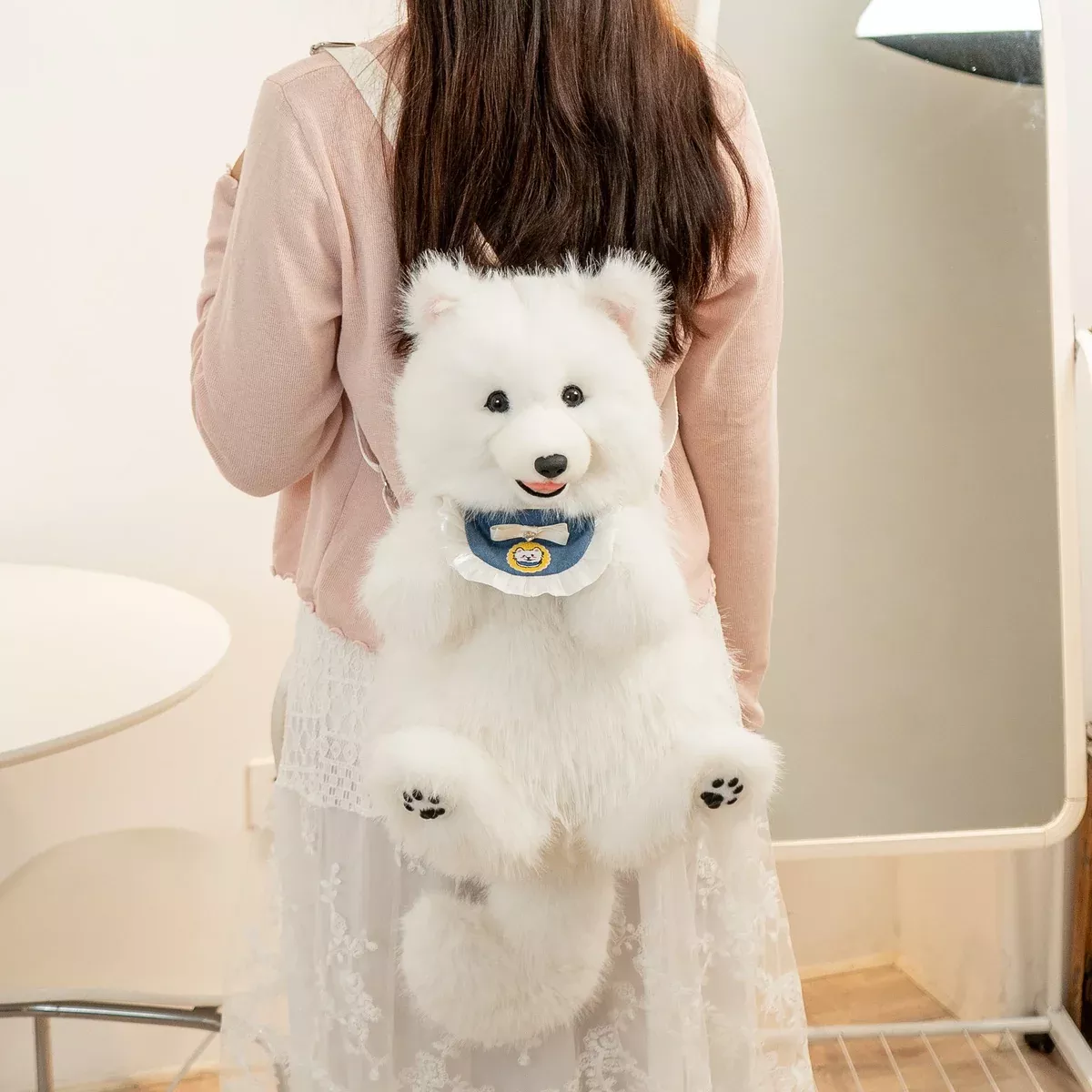 Fluffy Samoyed Backpack - Realistic White Cloud Cozy