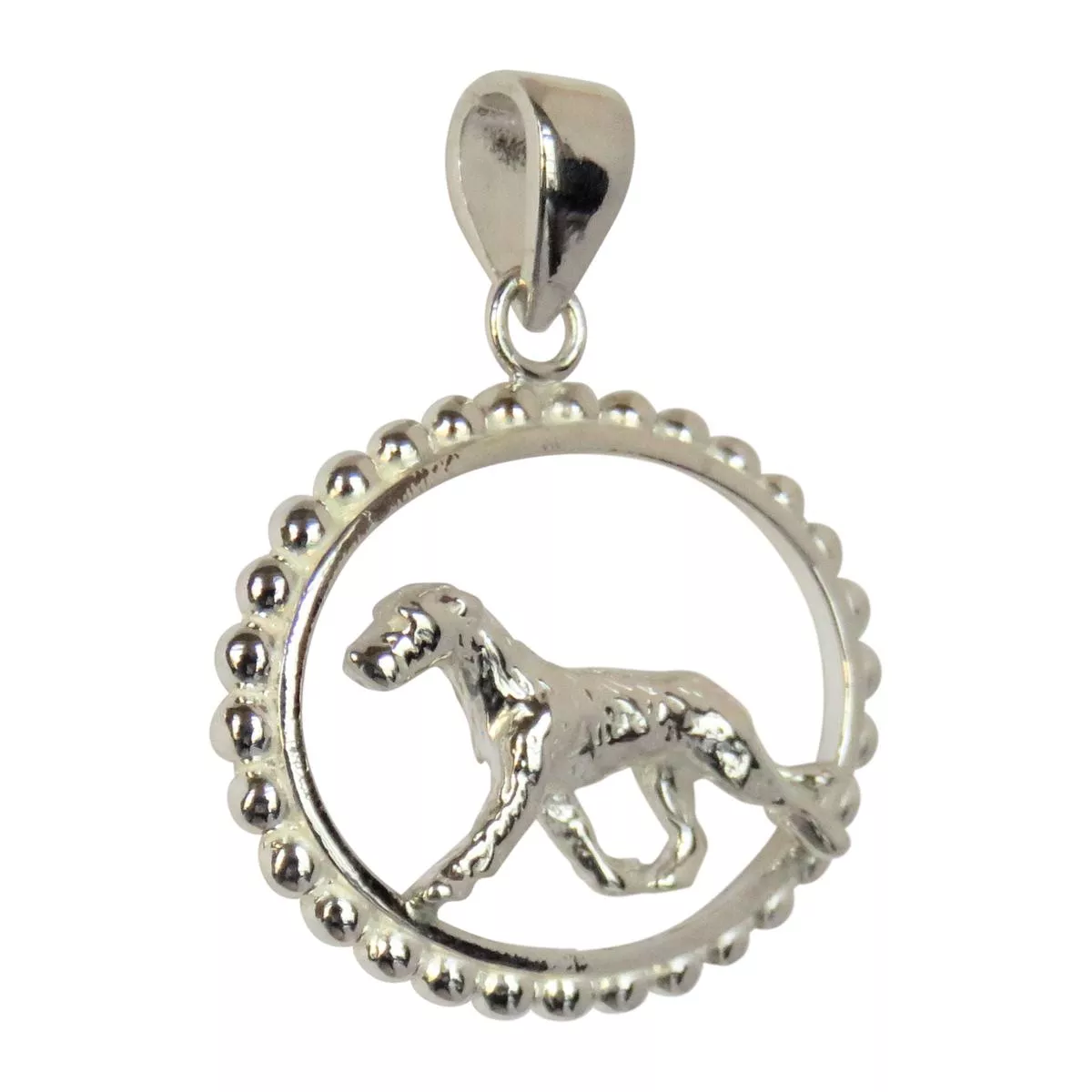 Irish Wolfhound in Sterling Silver Beaded Oval Pendant