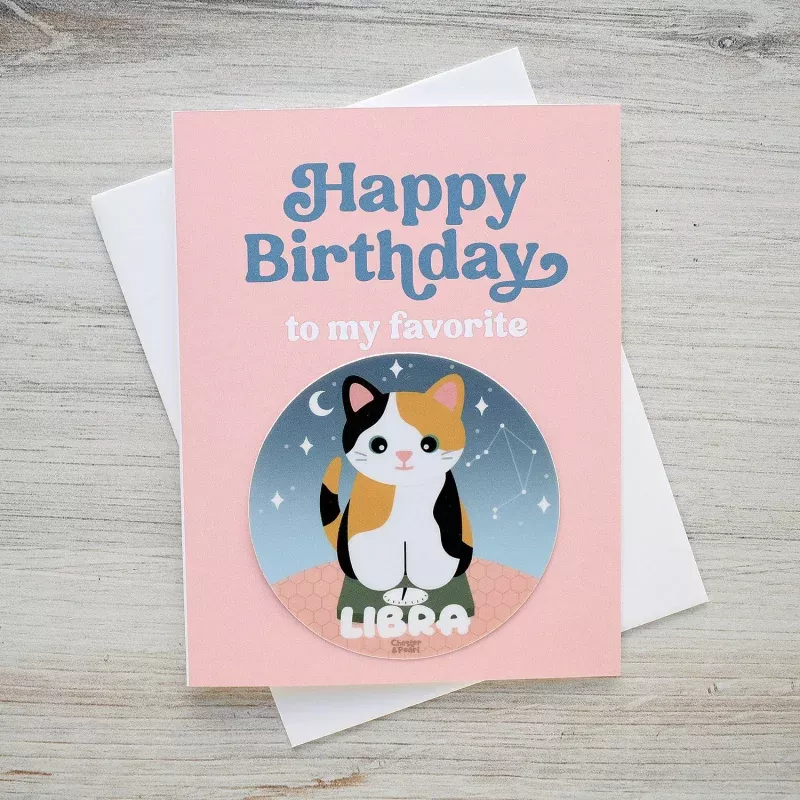 Libra Zodiac Cat Birthday Sticker Card