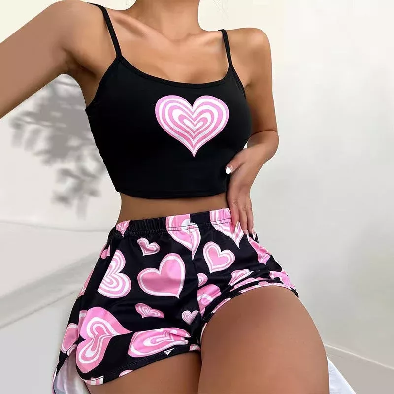 Love Print Suspender Shorts Two-piece Set