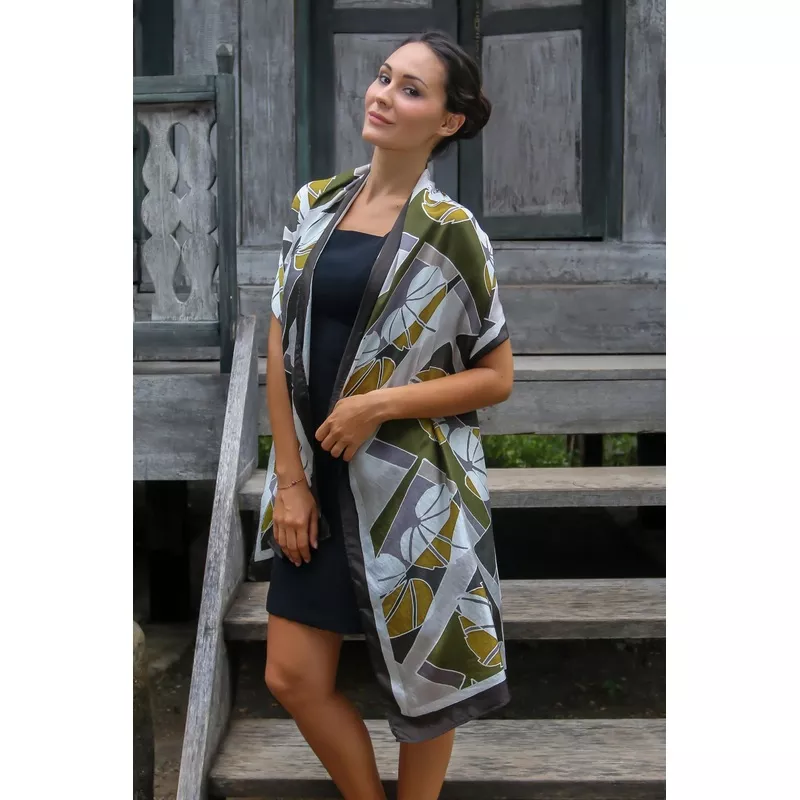 Olive Leaf Artisan Crafted Indonesian Batik Silk Patterned Shawl