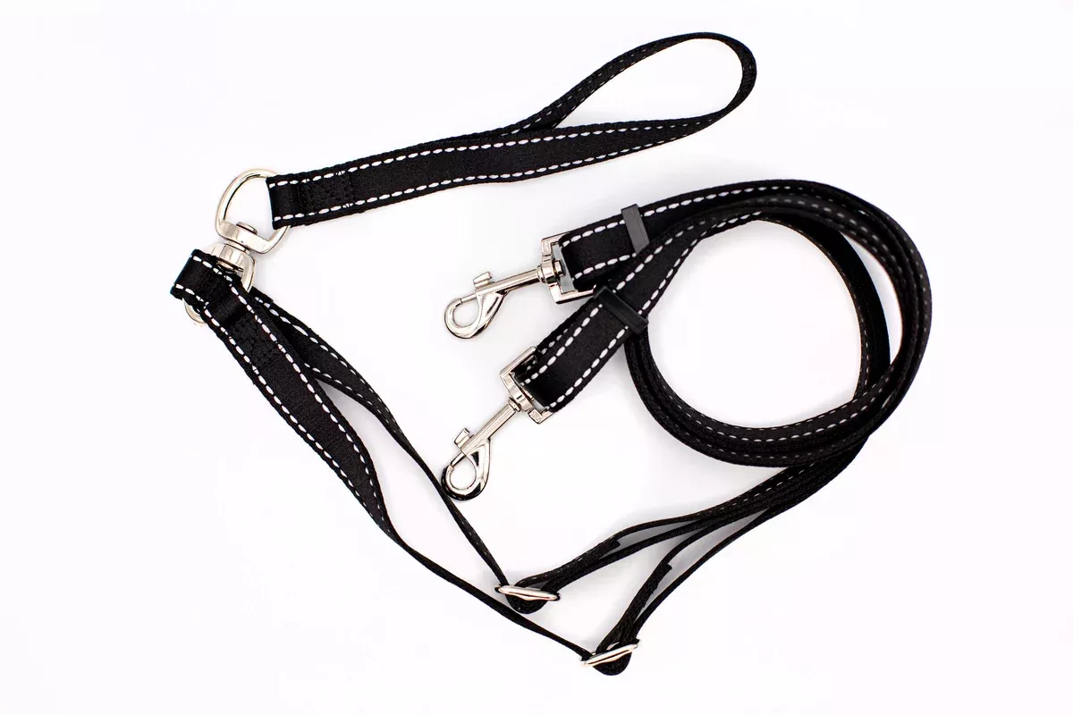 Outdoor Style Black Reflective Adjustable Double Leash