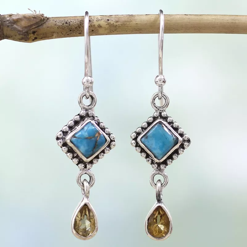 Radiant Princess Citrine & Turquoise Dangle Earrings