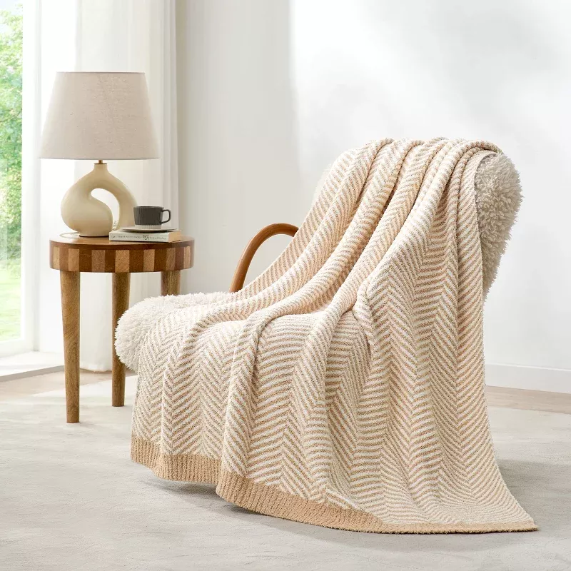 Reversible Herringbone Feather Yarn Knit Throw Blanket Beige