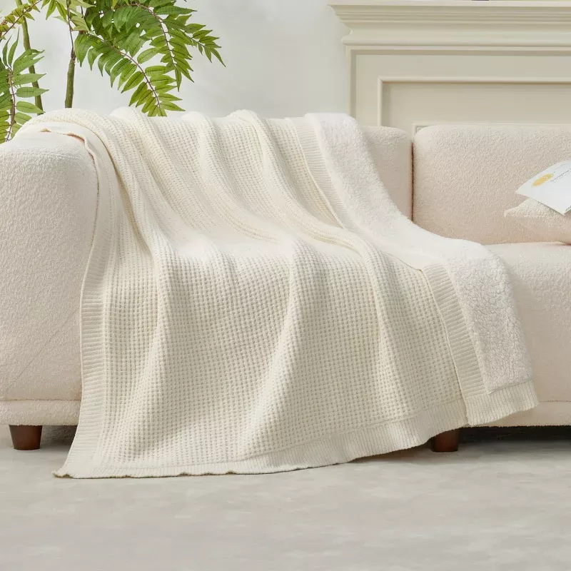 Reversible Waffle Chenille Sherpa Knit Throw Blanket Ivory