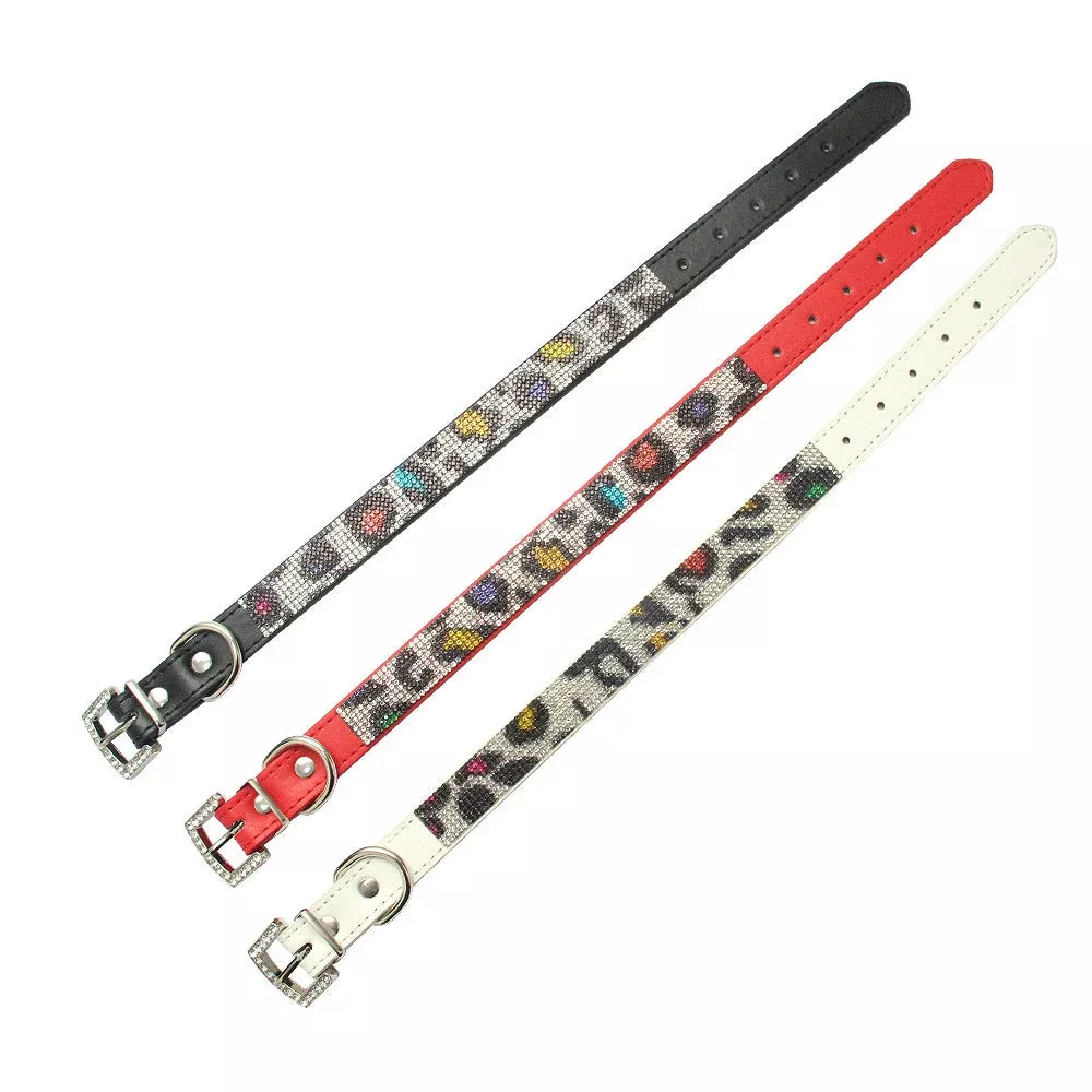 Rhinestone Leopard PU Dog Collar