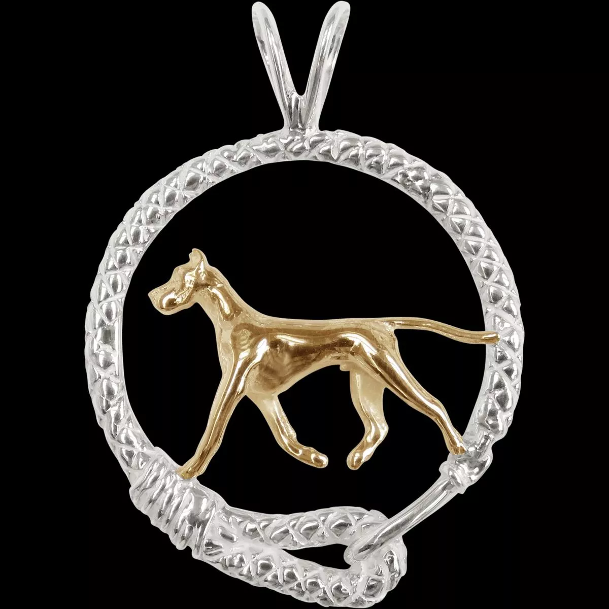 Solid 14K Gold Great Dane in Sterling Silver Leash Pendant