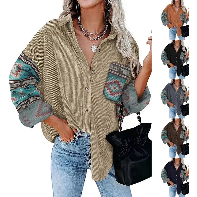 Women's Printed Plus Size Lapel Loose Clip