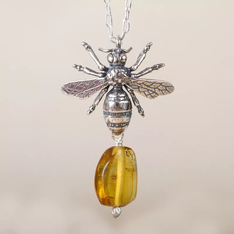 Worker Bee Bee-Themed Amber Pendant Necklace from Mexico